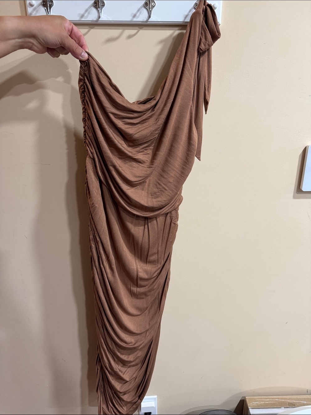 MAJORELLE One-Shoulder Draped Dress in Chestnut Brown